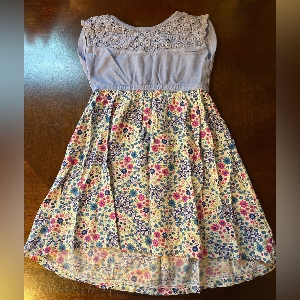 Tucker + Tate |  floral high low dress with light blue crochet top | girl 4